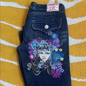 True Religion Joey Embroidered Dark Blue Skinny Jeans w/ Floral Face Motif. EUC